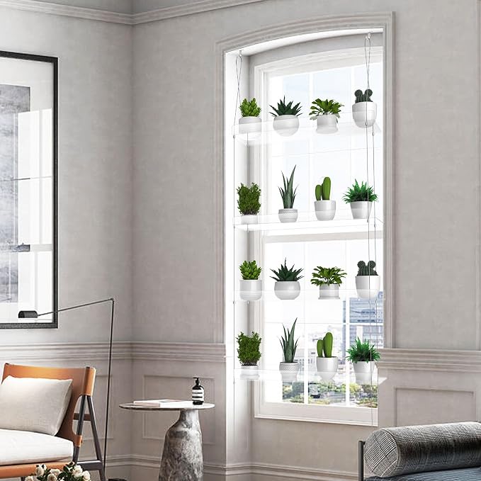 4-Tier Hanging Clear Plant Shelves for Windows, Acrylic Window Wall Plant Stand Shelf for Kitchen Indoor Gardens, Flower,Herb, Seedling Organization, and Pots Display, 16 Inch per Tier