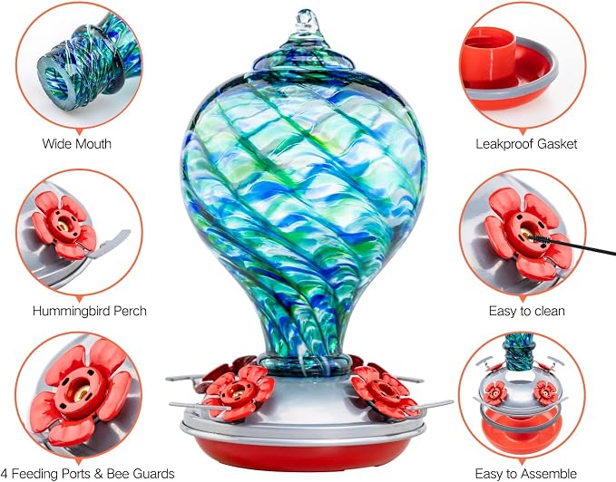 Muse Garden Hummingbird Feeder Hand Blown Glass Decor for Backyard, Gift for Hummingbird Lovers, Unique Gardening Gift (Blue Mermaid) 32OZ | Muse Garden Hummingbird Feeder Hand Blown Glass Decor for Backyard, Gift for Hummingbird Lovers,