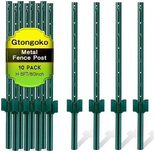 Gtongoko 10 Pack 5FT Heavy Duty Metal Fence Posts, Green U Channel No Dig Fence Stakes with Anchor Plate, 14 Gauge Steel Posts for Wire Fencing, Garden Protection, Animal Barrier, Yard & Farm Boundary
