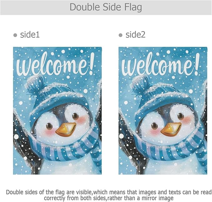 Pfrewn Christmas Winter Garden Flag 12x18 Double Sided Penguin in Blue Hat Snowy House Yard Flags Welcome Winter Outdoor Indoor Banner for Party Home Merry Christmas Xmas Decorations