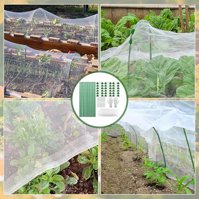 Garden Netting Kit for Raised Beds, 10x30FT Ultra Fine Mesh Netting, 36pcs Greenhouse Hoops 8ft Tunnel, Detachable Hoop House Frame for Row Cover, Bird Netting, Plant Covers