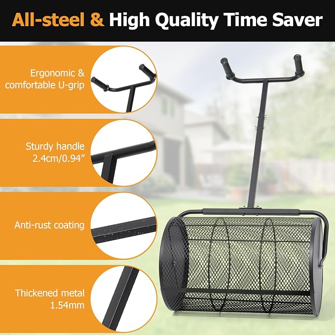 Compost Spreader 24in Peat Moss Spreader - U Shaped Comfortable Handle & Adjustable Height Powder-Coated Metal Mesh Hand Fertilizer Spreader for Garden Yard Lawn Care (Matte Black)