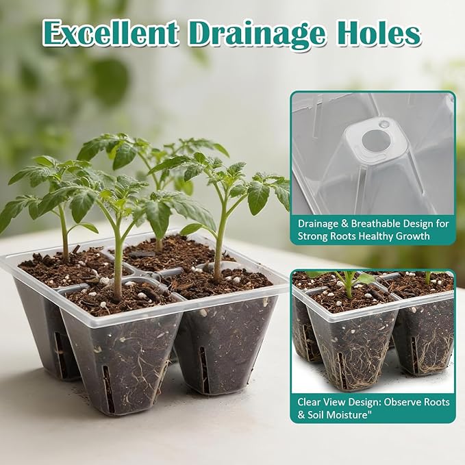 RooTrimmer 40 Pack Reusable 4-Cell Seed Starter Trays with Large Drainage Holes - Clear Transparent Trays for Root Growth Monitoring, Avoids Overwatering, Easy Transplant, Fits Standard 1020 Trays