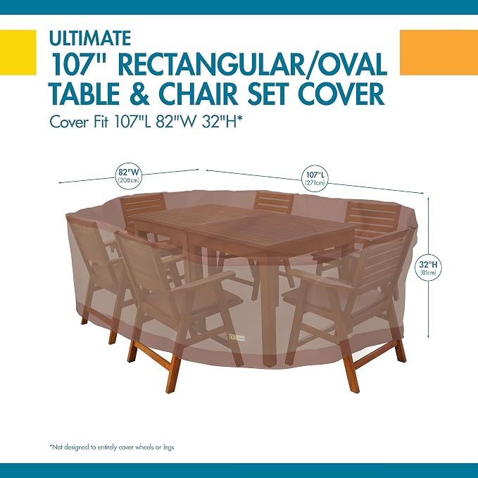 DUCKCOVERS Ultimate Waterproof Rectangular/Oval Patio Table with Chairs Cover, 107 Inch
