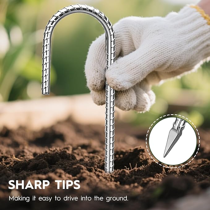 Homwin 12 inches Ground Stakes Heavy Duty 28 Pieces Metal Fence Rebar Stake 5/16" Diameter J Hook Ground Spikes, Tent Stakes, Swing Set and Gazebo Anchors