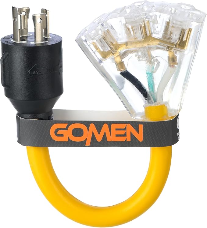 GOMEN 12 Inch 30 Amp to 110 Adapter, 4 Prong 30 Amp to 15 A Generator Adapter Cord with Twist Lock, 10 Gauge STW, NEMA L14-30P Male to 3X 5-15R Female with Lighted End, 1 FT