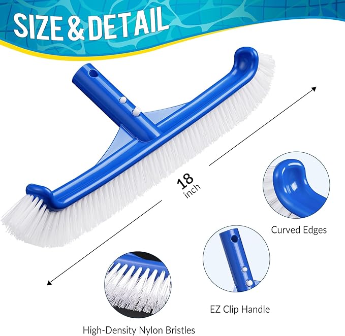 Pool Brush Head - 18" Pool Brush for Cleaning Pool Walls, Premium Swimming Pool Brush with Strong Bristle & EZ Clip, Curved Ends High-Efficiency Pool Accessories for Inground Pools, Tiles, Floors