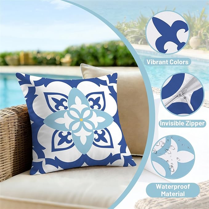 NIGHTWISH Outdoor Waterproof Pillow Covers 16x16 Set of 4 Blue Boho Decorative Outdoor Throw Pillows Floral Cushion Cases for Patio Furniture Bench Couch Sunbrella