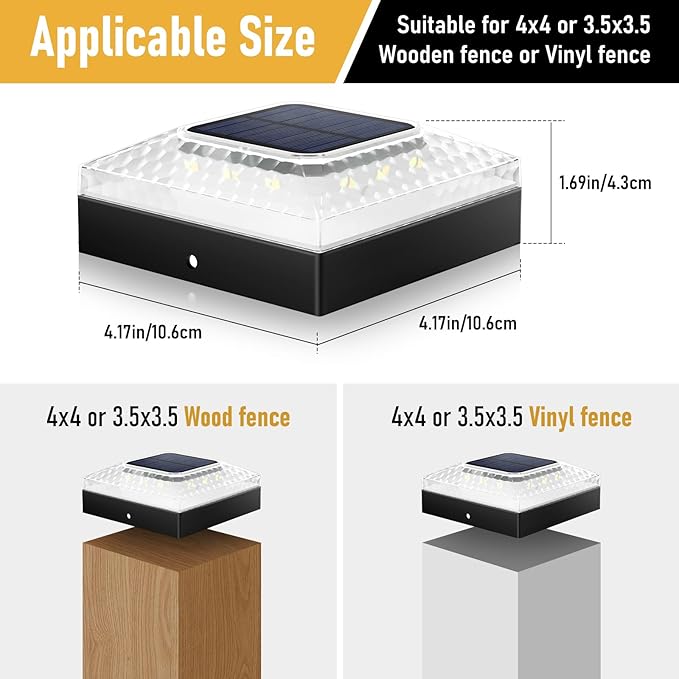 4x4 Solar Post Cap Lights 4 Pack, 3 Color Modes & 2 Brightness, IP67 Waterproof Fence Lights with Auto On/Off, 12-20H Runtime, No Wiring Needed for Outdoor Garden Yard