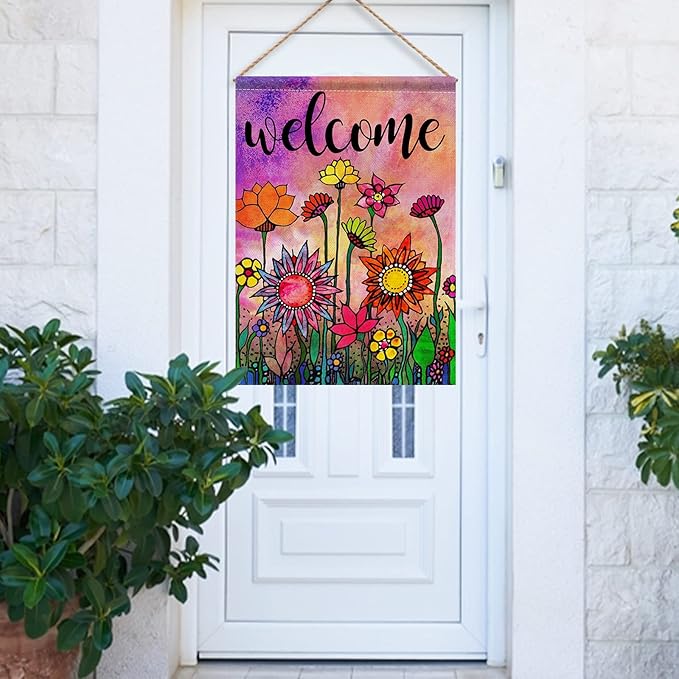 Hzppyz Welcome Spring Summer Watercolor House Flag Double Sided, Flowers Decorative Garden Yard Lawn Outdoor Large Burlap Flag Vintage Sunflower Decor Farmhouse Seasonal Outside Decorations 28 x 40