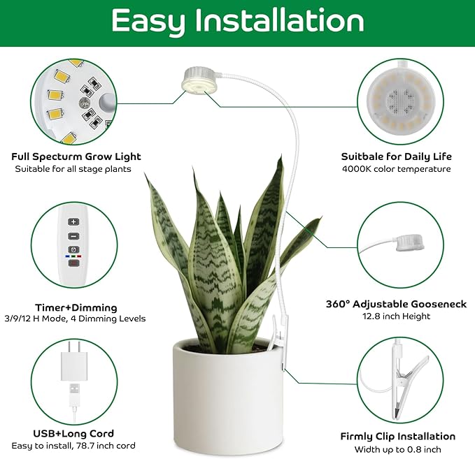 Grow Lights for Indoor Plants, Clip on Full Spectrum Plant Light, Plant Grow Lights Indoor with Adjustable Gooseneck and 10-Level Dimming, 3/9/12H Timer for Office Home (2 Packs)
