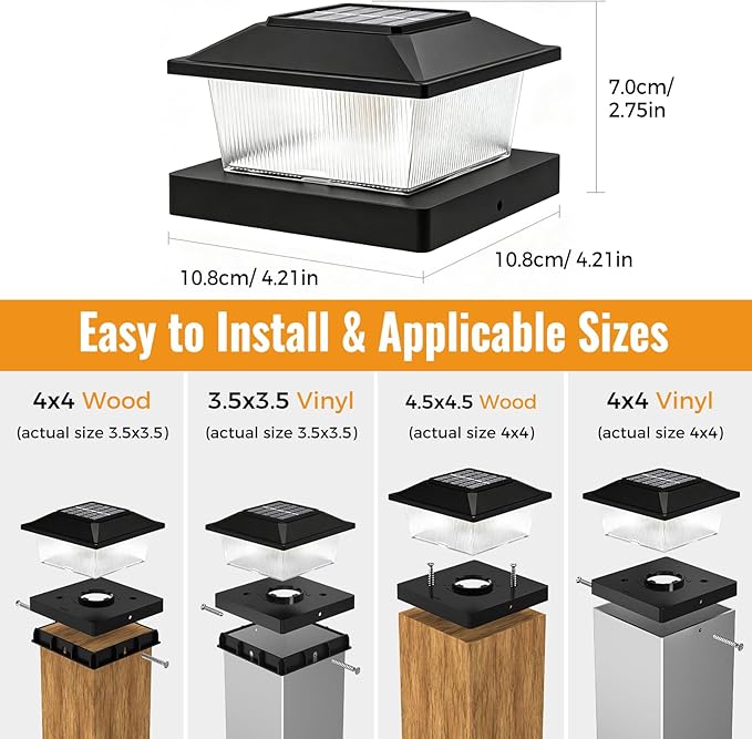 btfarm 4x4 Solar Flame Post Cap Lights, 8 Pack Fence Deck Post Lights Outdoor Solar Powered Waterproof, Fits 4x4 3.5x3.5 Wooden & Vinyl for Porch Patio Yard(Flickering Flame, Black)