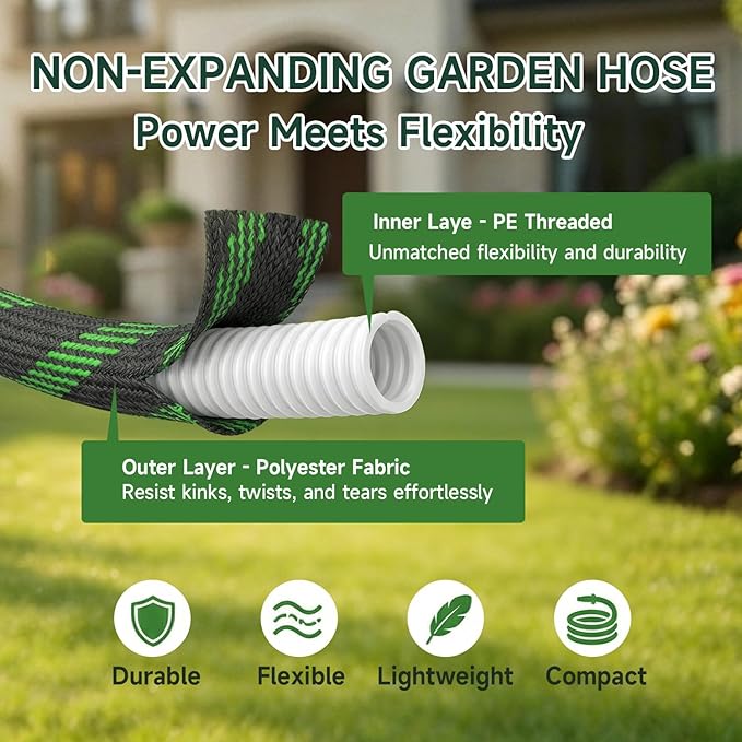 Non-Expandable Garden Hose 100 FT, Heavy-Duty & Flexible Water Hose with 10-Function Nozzle, Kink-Free & Leak-Proof Design, Ultra Lightweight Portable Yard Hose for Lawn, Car, Outdoor Use