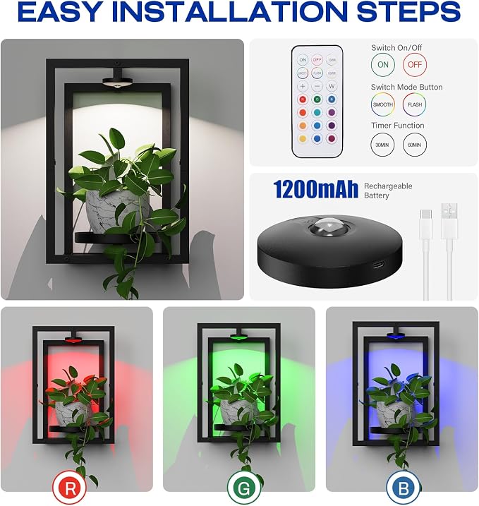 Wall Plant Holder with Grow Light, Wall Planters for Indoor Plants with Wireless Remote & Timer, Plant Frames Wall Decor Shelf for Living Room, 2 Pack
