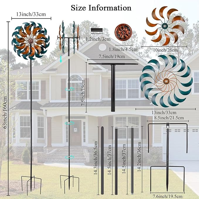 Stargarden Garden Wind Spinners, 13” W Kinetic Wind Sculptures & Spinners, 4 Layers Windmills Lawn Ornament Décor