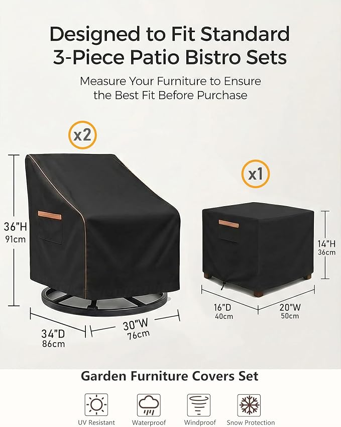 3-Piece Patio Furniture Cover Set for Bistro Sets, Waterproof Outdoor Furniture Covers for 2 Chairs & Side Table, Heavy Duty 600D, UV Resistant, All-Season Protection for Patio, Porch & Backyard