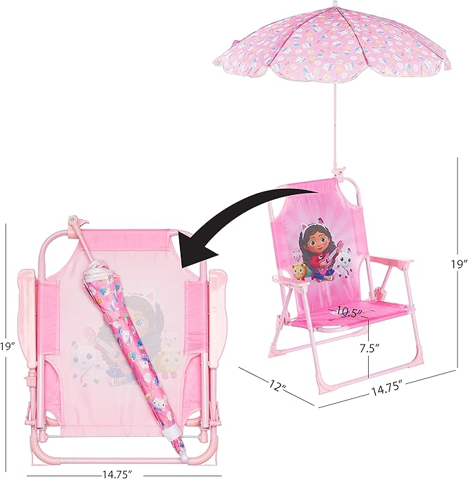 Gabby’s Dollhouse Kids Folding Beach Chair with Umbrella, Outdoor Chair for Girls Ages 3+,Portable, Lightweight, UV Protection - Patio, Pool, Beach Travel Accessory