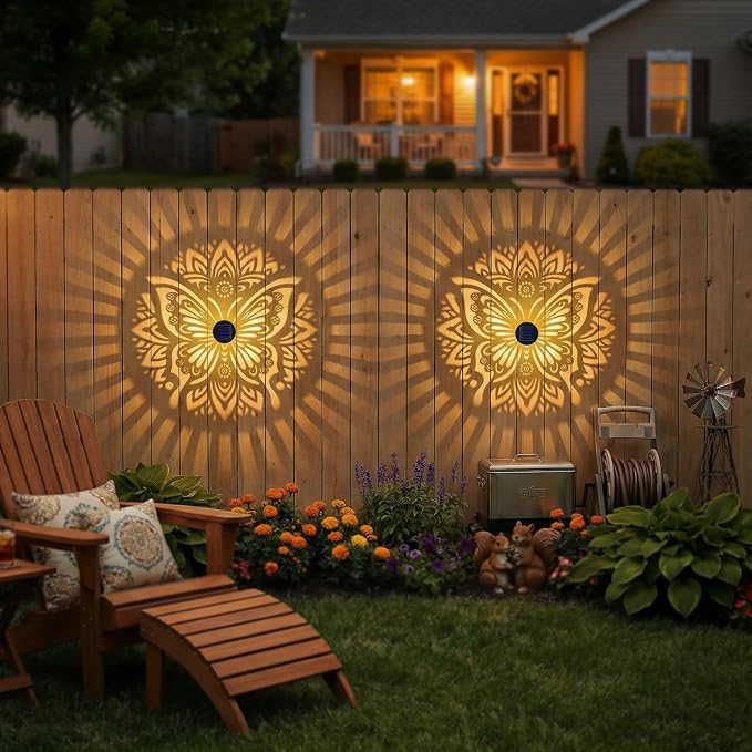 2 Pack Solar Fence Lights Metal Solar Powered Outdoor Wall Deck Step Lights Butterfly Mandala Theme Waterproof Fence Light for Garden Post Patio Backyard Yard Decor, Gardening Gifts for Women Mom
