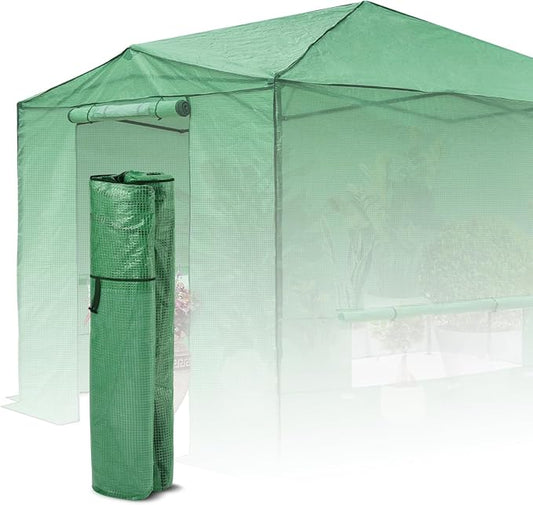 EAGLE PEAK Replacement Cover for 12x8 Portable Walk-in Pop up Greenhouse, Front and Rear Roll-Up Zipper Entry Doors and 4 Large Roll-Up Side Windows (Frame Not Included), Green