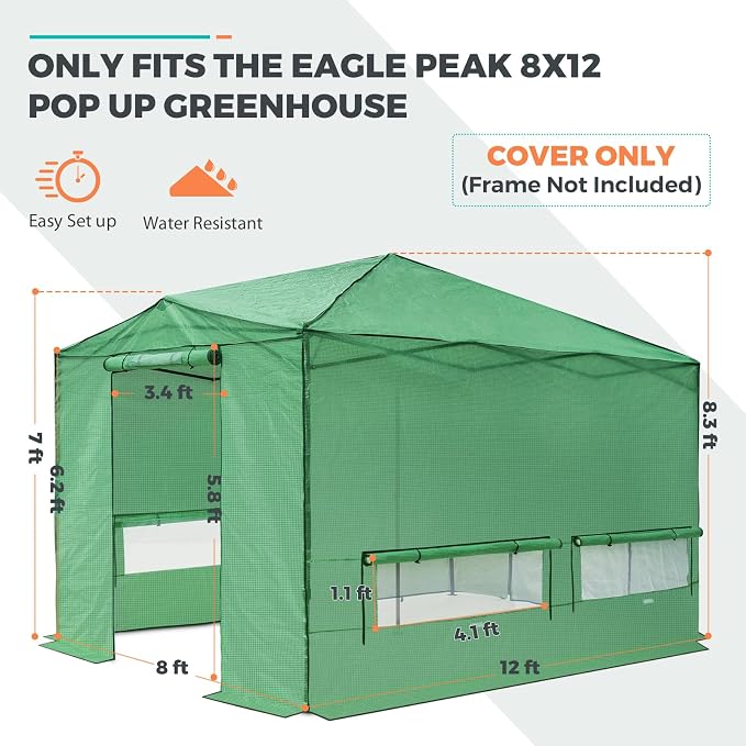 EAGLE PEAK Replacement Cover for 12x8 Portable Walk-in Pop up Greenhouse, Front and Rear Roll-Up Zipper Entry Doors and 4 Large Roll-Up Side Windows (Frame Not Included), Green