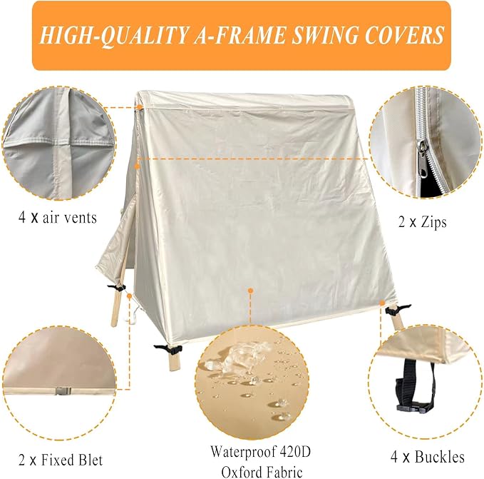 Patio Swing Cover A-Frame Swing Covers Waterproof 3 Seat UV Resistant Weather Protector for Outdoor Courtyard Patio Furniture(72x67x55inch) Beige
