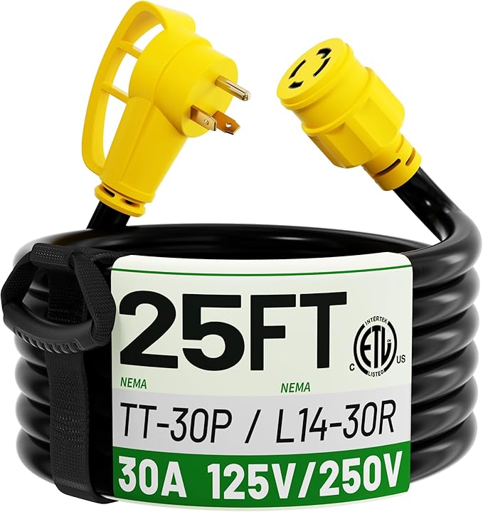 POWGRN 25 FT RV Power Cord 30 Amp Extension Cord, 4 Prong to 3 Prong Adapter Generator Extension Cord, 30 Amp RV Adapter, NEMA TT-30P to NEMA L14-30R, 10AWG STW 30A 125V 3750W, Yellow, ETL Listed