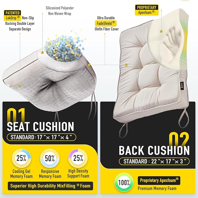 SUNROX Memory Foam Non Slip Rocking Chair Cushion, FadeShield Water Resistant Thicken Durable Tufted Pads, Set of Seat & Back Cushion with Ties for Indoor/Outdoor Rocker, 2 Piece, Cream