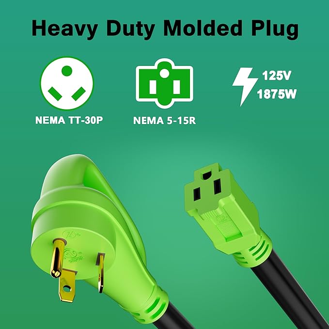 RV Adapter Plug 30 Amp to 15 Amp Cord, NEMA TT-30P Male to 5-15R Female, 30M/15F，STW, 10AWG, Heavy Duty Electrical Power Cord, 125 Volts, 1875 Watts, 1FT, Green