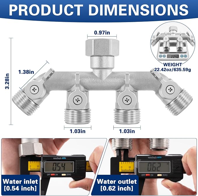 4 Way Garden Hose Splitter, 304 Stainless Steel Outdoor Faucet Splitter with 4 Individual Shut Off Valves, 3/4" GHT High Flow Hose Bib Spigot Connector
