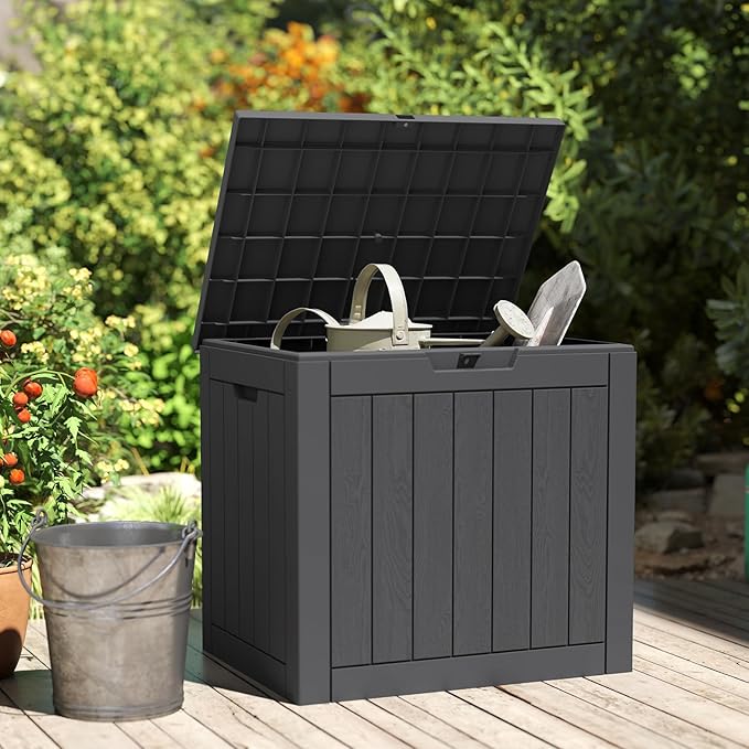 31 Gallon Capacity Deck Box, Outdoor Waterproof Resin Lockable Storage Box for Patio Cushions, Gardening Tools, Pool Accessories Container - Black