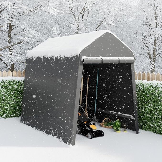 Outdoor Tarp Shed 6 X 8 Ft Portable Storage Shed with Roll-Up Door, Carport Bike Sheds ATV Storage Tent for Motorcycle, Car, Garden Tools Black