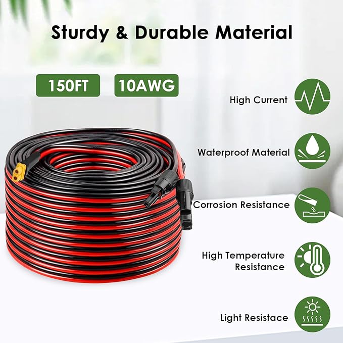 MOOKEERF Solar to XT60 Extension Cable 10AWG 150FT Solar Connector to XT60 Adapter Cable for Solar Panel to Portable Power Station Solar Generator Battery Pack