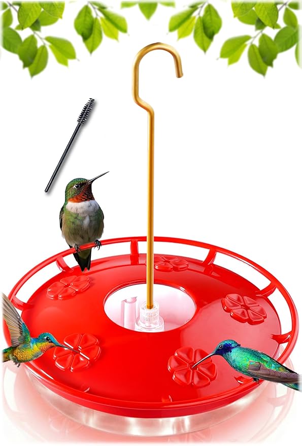 eWonLife Hummingbird Feeders for Outdoors, 16oz Leak-Proof Saucer Humming Bird Feeder with Integrated Ant Moat, Bee Proof 5 Feeding Ports, Brush, Easy Clean & Refill, Hanging Garden Yard Décor
