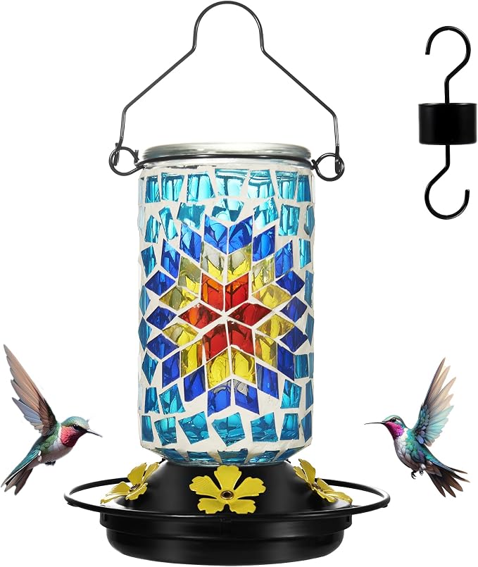 Glass Hummingbird Feeder, Blue Hummingbird Feeders for Outdoors Hanging, 19 Ounces, Mosaic Flower Bottle Easy to Clean, 5 Feeding Ports, Ant Moat Included