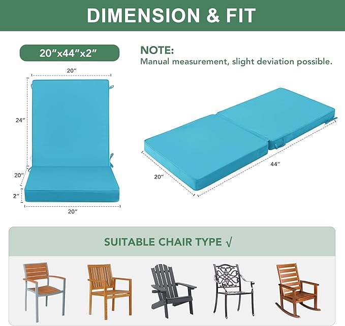 Summsun Patio Dining Chair Cushions with Non-Slip Bottom, Water Resistant Outdoor Seat Cushion with Ties, Removable Covers for Garden Lawn Patio Furniture, 44 x 20 Inch, Teal, Set of 2