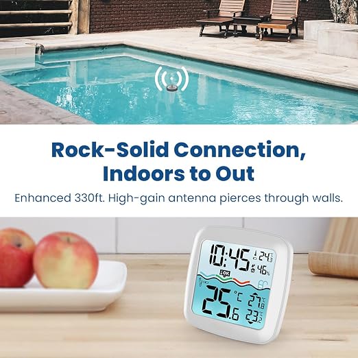 Pool Thermometer Floating Easy Read - IPX8 Swimming Pool Temperature Thermometer with Wireless Indoor Temperature, Large Display, Waterproof Rating, Pond/Hot Tub/Spa, Contemporary