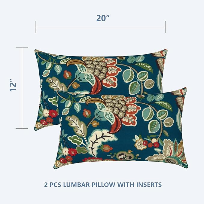 LVTXIII Set of 2 Patio Lumbar Pillows, 12" x 20" Fade Resistant Outdoor Lumbar Pillow with Inners, Fluffy Decorative Garden Lumbar Cushions for Home Patio Coach Sofa Use, Peacock Blue