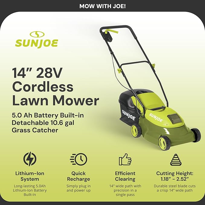 Sun Joe Cordless Electric Push Lawn Mower with 10.6-Gal Bag and Safety Key, 14-Inch Cutting Width - Heavy-Duty Yard Trimmer for Gardening Care and Maintenance, MJ401C-XR