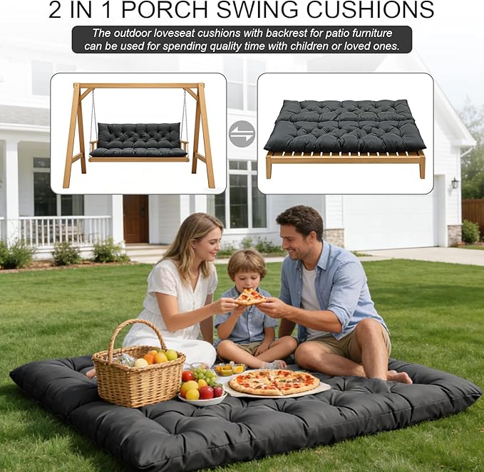 Porch Swing Cushions, Outdoor Swing Replacement Cushions 3 Seater with Backrest, Waterproof Bench Cushion with Ties,for Patio,Porch, Garden,Backyard