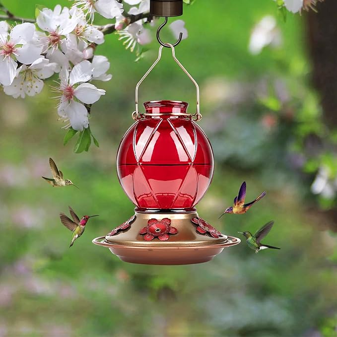 BOLITE Hummingbird Feeder, Glass Hummingbird Feeder for Outdoors, Meshy Texture Ball Shape Bottle, 20 Ounces, Red, Birthday Gifts for Women Men, Gifts for Mom Dad