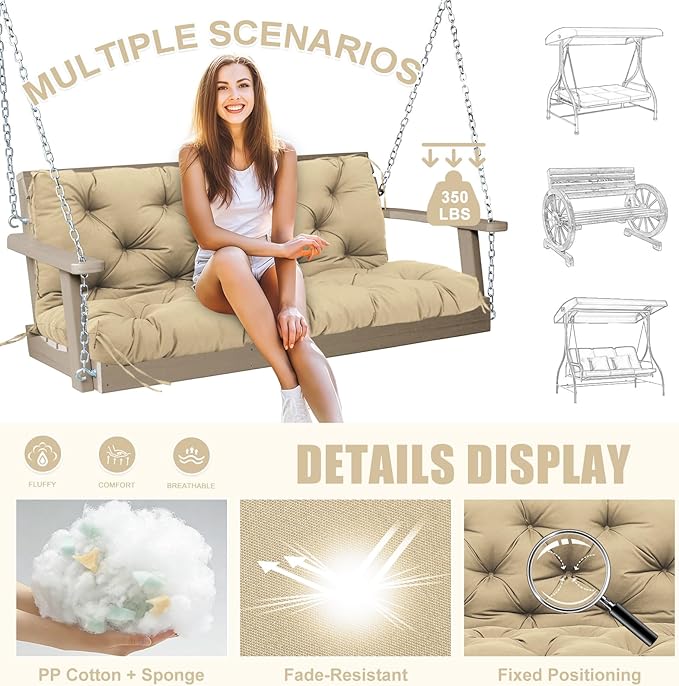 Porch Swing Cushions Outdoor 60 inch x 40 Waterproof Swing Cushions 3 Seater Replacement with Backrest & 8 Ties 5" Thick Bench Swing Cushions for Outdoor Furniture Patio(Khaki)