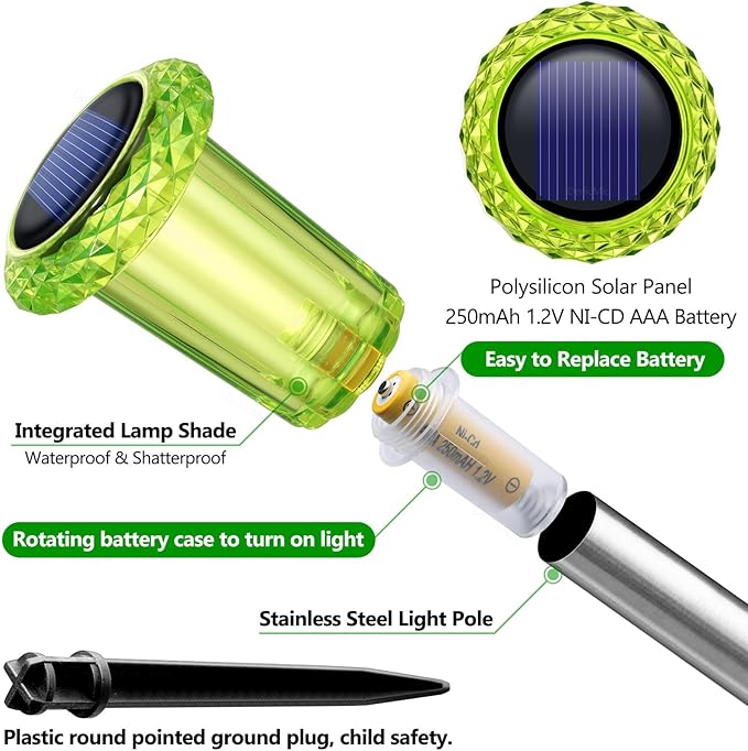 DenicMic Solar Lights Outdoor 10 Pack Waterproof Green LED Stainless Steel Stake Outside Lights for Yard Pathway Garden Driveway Walkway Landscape Path Lighting