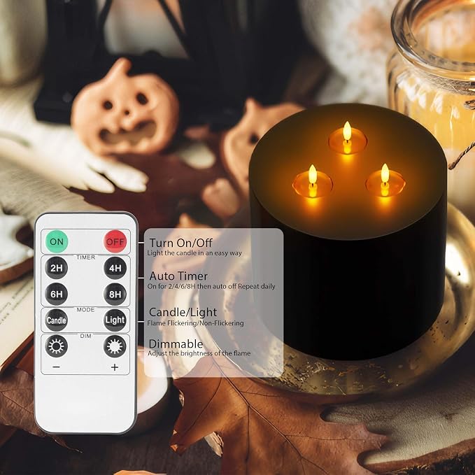 Black Extra Large Flameless Candles 6"x6" Battery Operated Candle with Remote Real Wax 3 Wick Led Candles Flickering Flame Fake Candles for Halloween Harvest Festival Christmas Home Decor