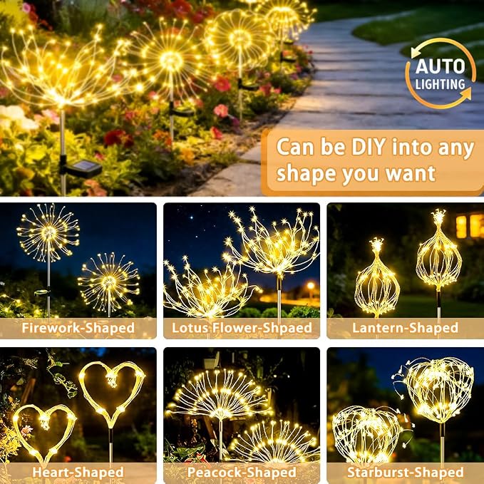 Solar Fireworks Lights for Outside,150 LED 8 Mode Firework LED Solar Fairy Lights Twinkling Tree Outdoor for Garden Yard Landscape Patio Lawn Wedding Christmas Part Decor Warm White (2 Pack)