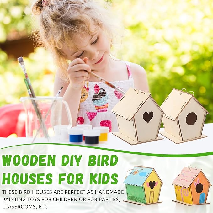 DoubleFill 24 Pack 4.33'' Wooden Bird House Craft Kit for Kids Spring DIY Birdhouse to Build and Paint Unfinished Hanging Birdhouse Bulk Spring Summer Bird Feeder for Class Creative VBS Crafts