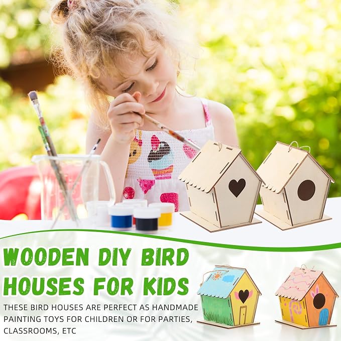 DoubleFill 12 Pack 4.33'' Wooden Bird House Craft Kit for Kids Spring DIY Birdhouse to Build and Paint Unfinished Hanging Birdhouse Bulk Spring Summer Bird Feeder for Class Creative VBS Crafts