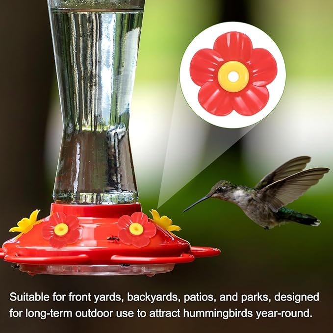 M METERXITY 32-Pack Hummingbird Feeder Replacement Flowers, Plastic Pet Hummingbird Feeding Parts Feeding Ports for Outdoor Hanging Feeders, Bees Guards [Red]