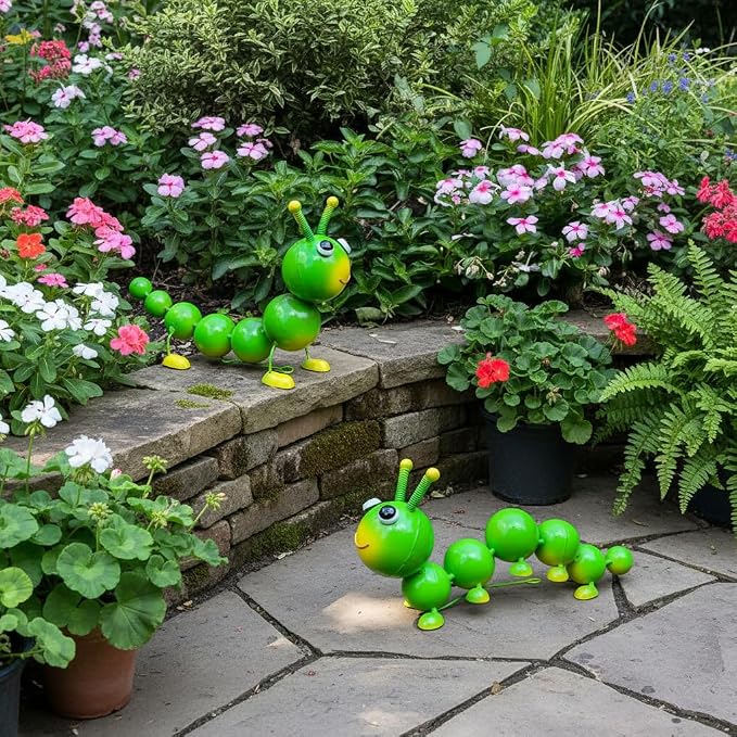 Cruis Cuka Metal Caterpillar Statue Yard Art Garden Decor for Outside Patio Lawn Ornaments Fence Decorations Gift for Family,Friends,Garden Lovers - Set of 2(Green)