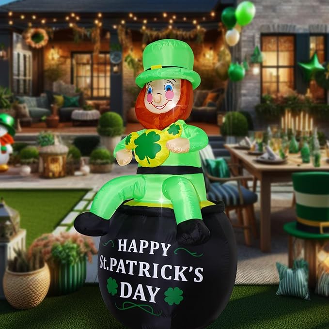 6 FT St. Patrick's Day Inflatable Leprechaun, Blow up Leprechaun Sits on Cornucopia Outdoor Decoration with LED Lights, for Yard Garden Lawn Front Door Holiday Decor (6FT Leprechaun on Cornucopia)