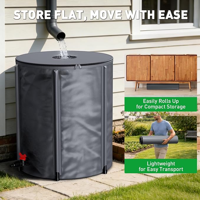 Yesker Collapsible Rain Barrel, 53 Gallon Portable Rainwater Collection System, 550D PVC Water Storage Tank, Rain Catcher with Spigots Filter Overflow Kit, Grey